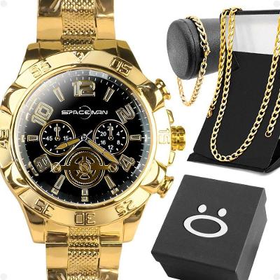 Relógio Masculino Spaceman Analógico com Pulseira em Aço Inox Resistente à Água Dourado Kit