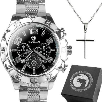 Relógio Masculino Analógico Spaceman Dragon Kit com Cordão Pulseira em Aço Inox Prova d’água Prata