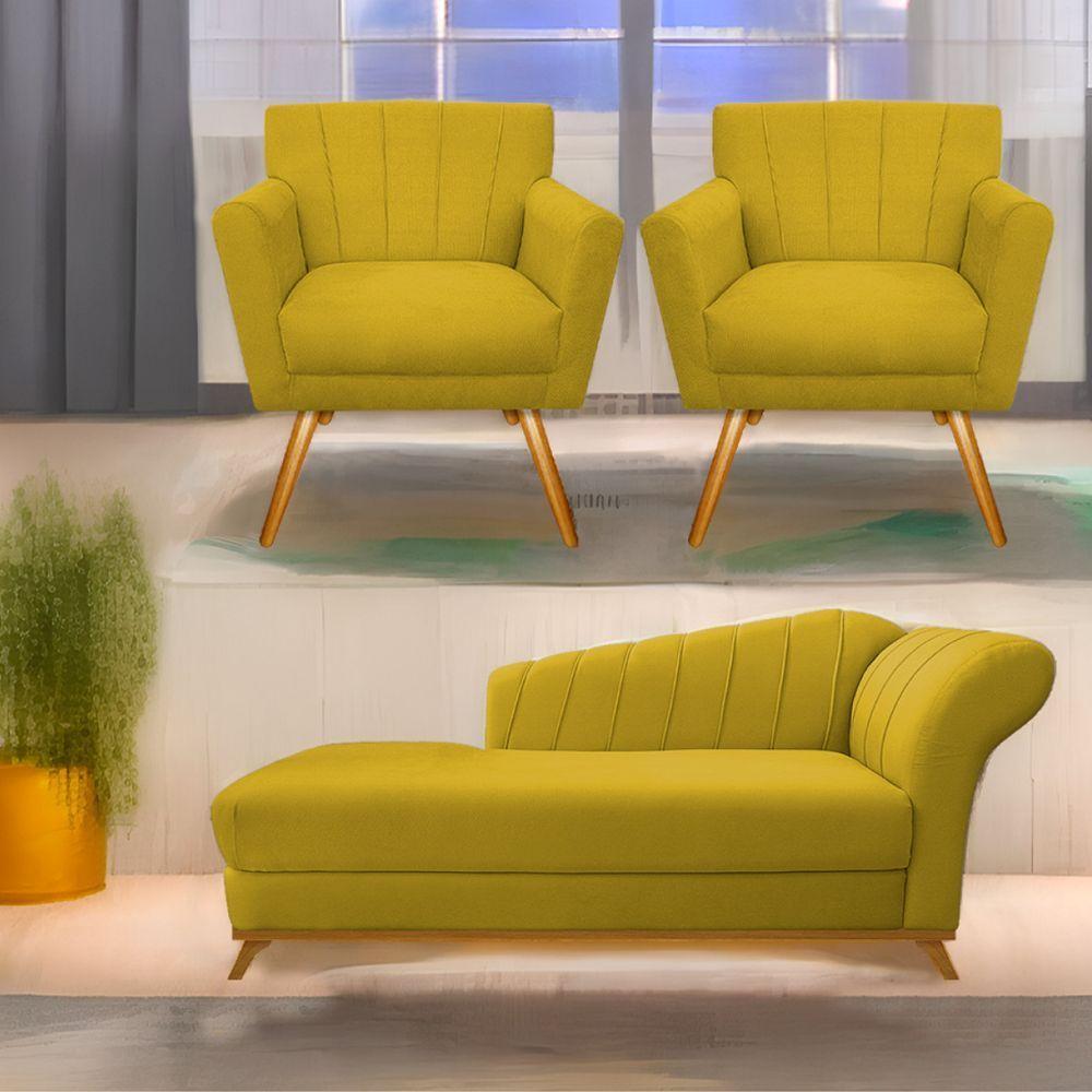 Kit Diva Recamier Vanessa 160Cm Lado Esquerdo E 02 Poltronas Laura Suede - Amarena Móveis Amarelo - 1
