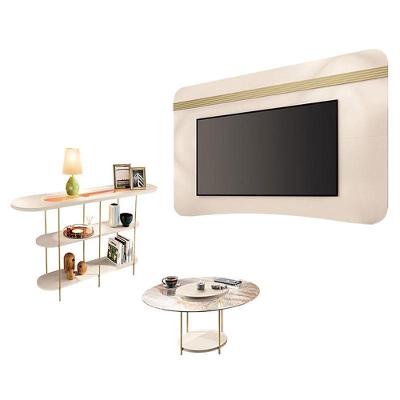 Painel Suspenso Armony Com Mesa De Centro Sky Com Tampo De Vidro E Aparador Infinity Off White Champanhe - Hb Móveis