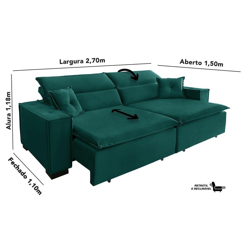 Sofá Londres 2.70m Retrátil E Reclinável Pillow Top - Verde - 2