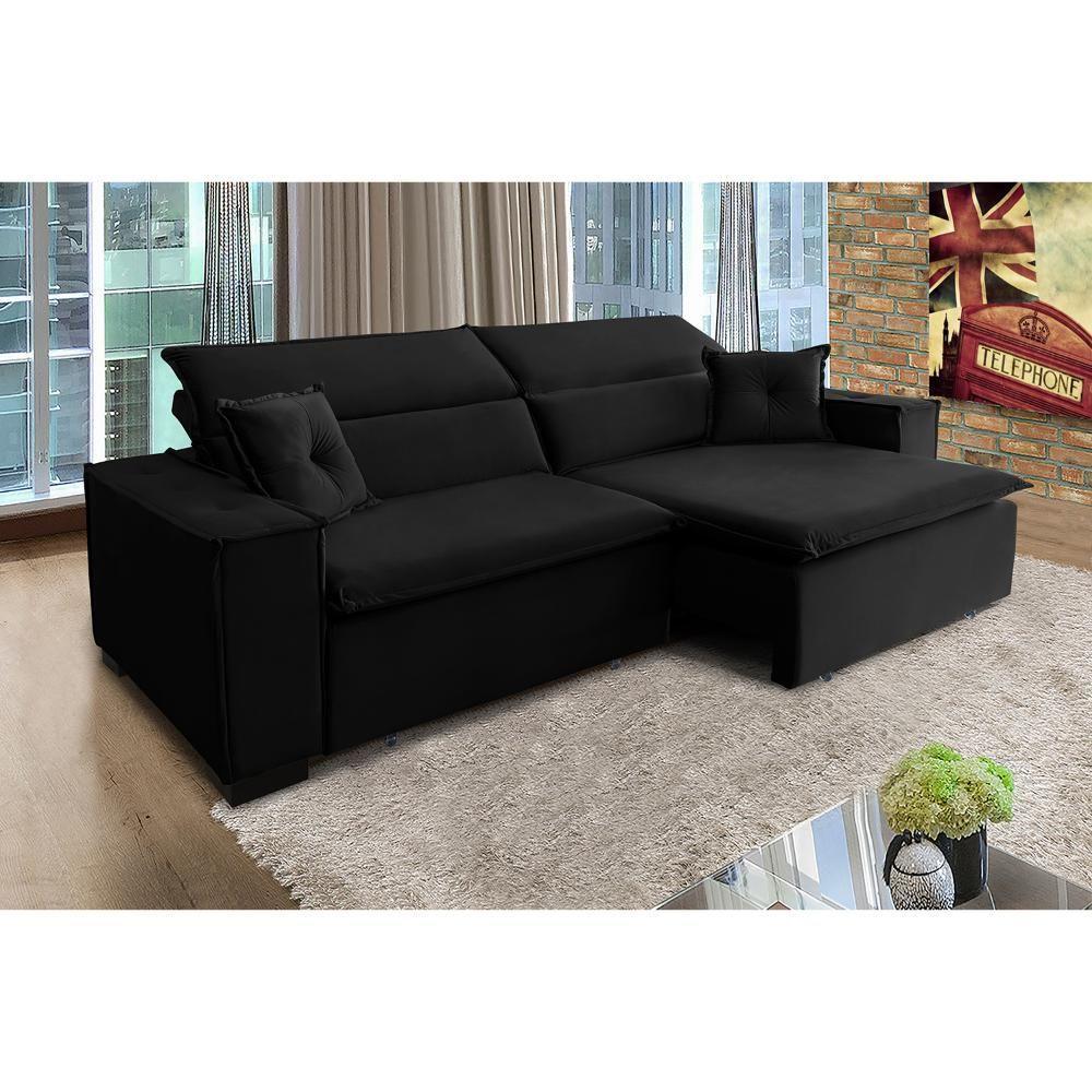 Sofá Londres 2.10m Retrátil E Reclinável Pillow Top - Preto - 2