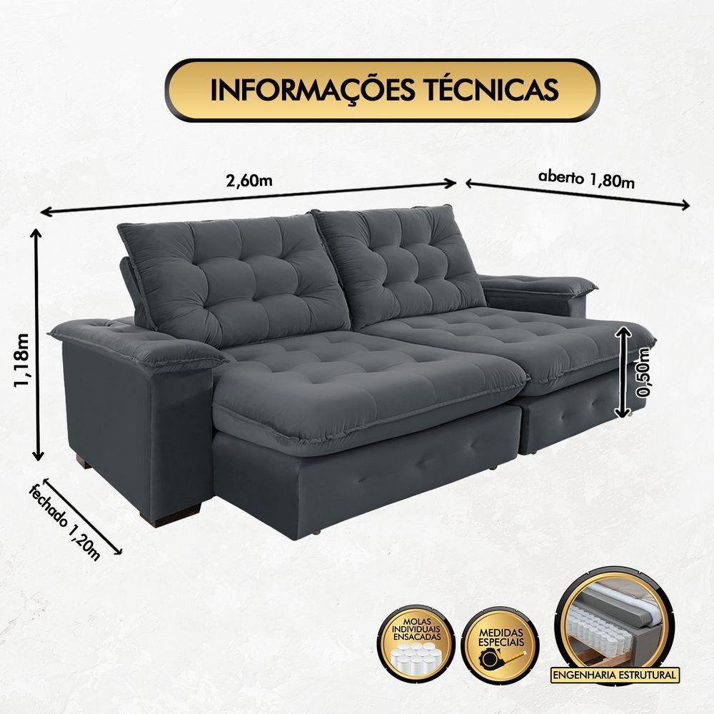 Sofá Coliseu 2.60m Retrátil E Reclinável Super Pillow - Chumbo - 4