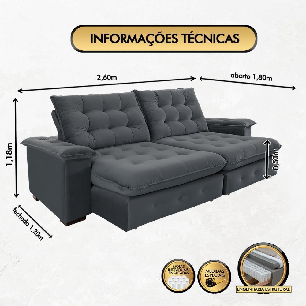 Sofá Coliseu 2.60m Retrátil E Reclinável Super Pillow - Chumbo - 7
