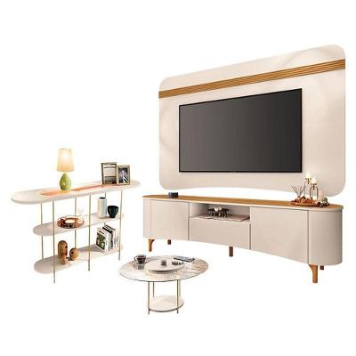 Rack Bancada Elara E Painel Armony Com Mesa De Centro Sky Com Tampo De Vidro E Aparador Infinity Off White - Hb Móveis