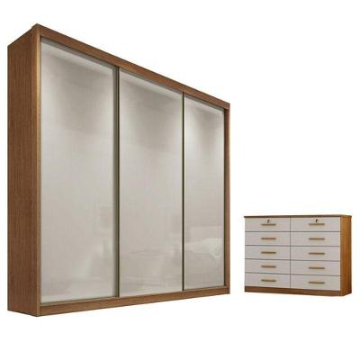Guarda Roupa Casal Logan e Gaveteiro Milão 3 Portas 14 Gavetas Cumaru 25 Fendi MDF-MDP