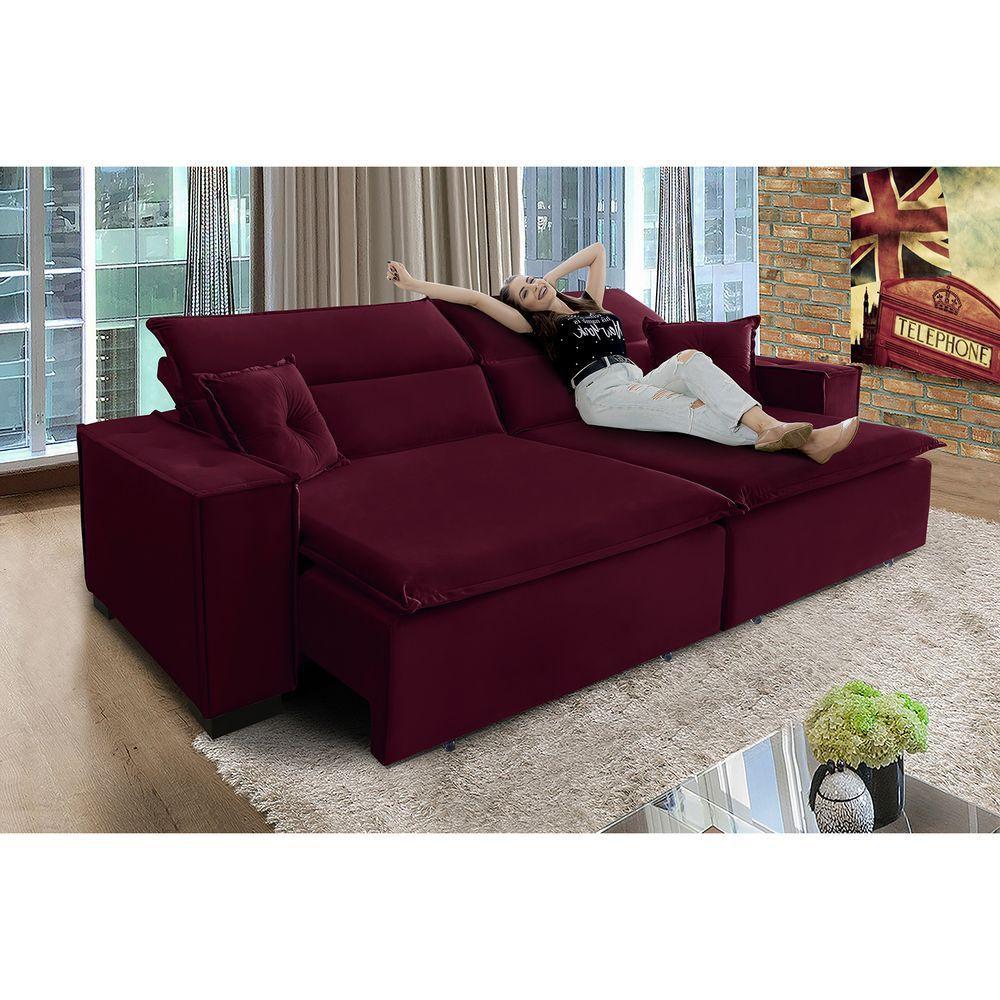 Sofá Londres 2.70m Retrátil E Reclinável Pillow Top - Vinho - 2