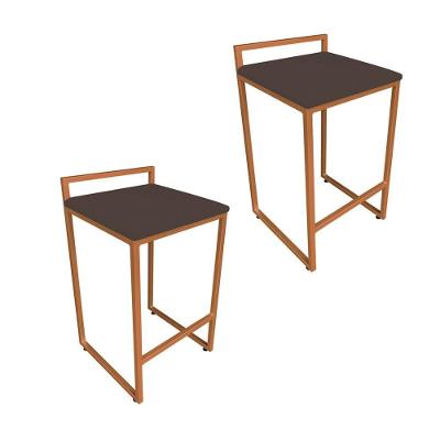Conjunto 02 Banquetas Alta Lavinia Suede Marrom Base Cobre Drossi