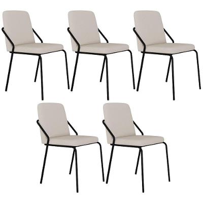 Kit 05 Cadeiras Estofada Para Sala De Jantar Loft Preto C01 Linho Areia - Lyam Decor
