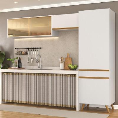 Armário Cozinha Modulada Compacta Com Vidros 252cm 3 Peças Veneza Multimóveis Mp2300 Branco-Dourado