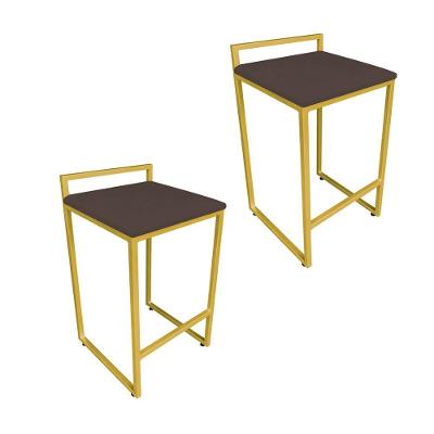 Conjunto 02 Banquetas Alta Lavinia Suede Marrom Base Dourado Drossi