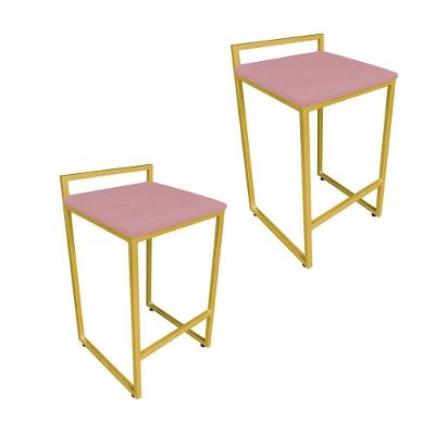 Conjunto 02 Banquetas Alta Lavinia Suede Rose Base Dourado Drossi