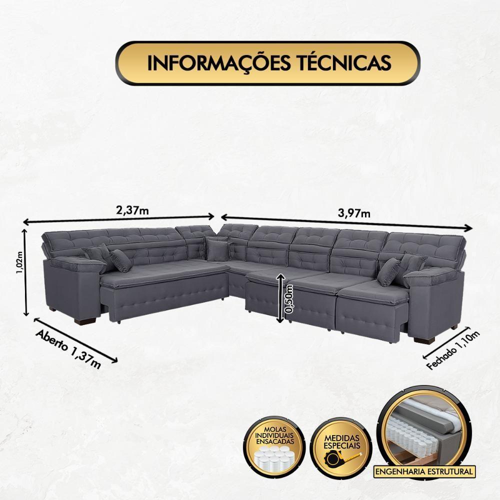 Sofá Magno 4.57x2.37m De Canto, Retrátil E Reclinável - Chumbo - 6