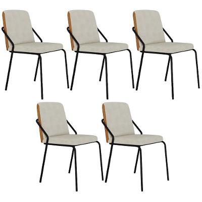 Kit 05 Cadeiras Estofada Para Sala De Jantar Loft Preto C01 Bouclê Vanilla Courino Caramelo - Lyam Decor