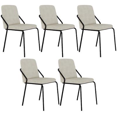 Kit 05 Cadeiras Estofada Para Sala De Jantar Loft Preto C01 Bouclê Vanilla - Lyam Decor