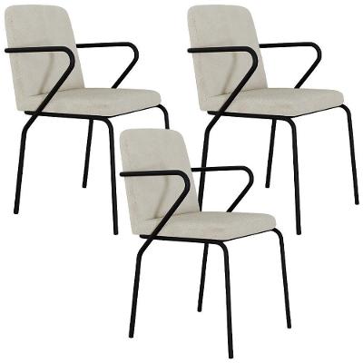 Kit 03 Cadeiras Estofada Para Sala De Jantar Com Braço Loft Preto C01 Bouclê Vanilla - Lyam Decor