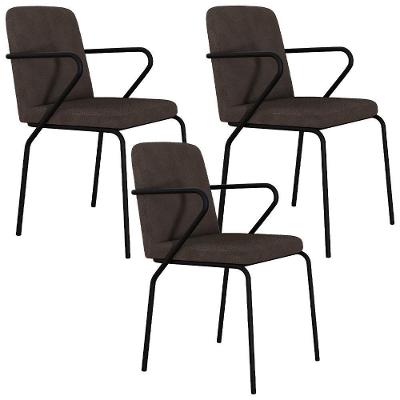 Kit 03 Cadeiras Estofada Para Sala De Jantar Com Braço Loft Preto C01 Bouclê Marrom - Lyam Decor