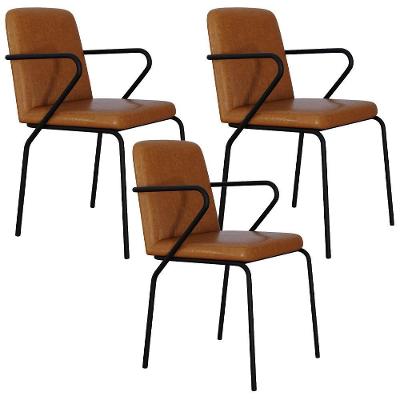 Kit 03 Cadeiras Estofada Para Sala De Jantar Com Braço Loft Preto C01 Courino Caramelo - Lyam Decor