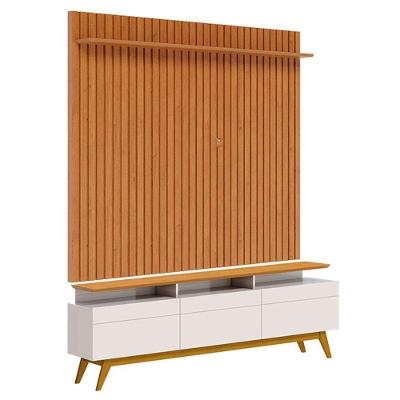 Rack Bancada Classic 3 Gavetas Com Nicho E Painel Para Tv Suspenso Ripado Loft 1.8 Off White Nature - Imcal
