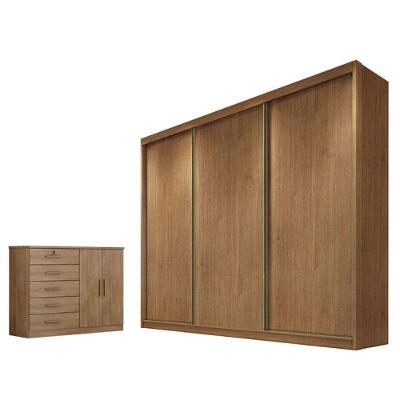 Guarda Roupa Casal Medelim e Cômoda Sapateira Seul 3 Portas de Bater 6 Gavetas MDF Cumaru 23