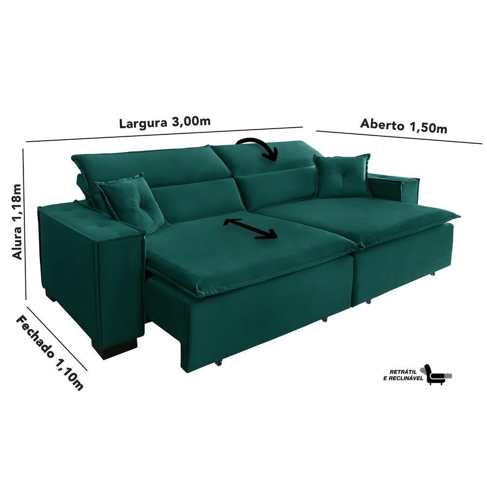 Sofá Londres 3.00m Retrátil E Reclinável Pillow Top - Verde - 3
