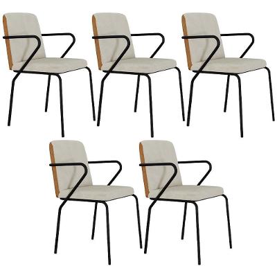 Kit 05 Cadeiras Estofada Para Sala De Jantar Com Braço Loft Preto C01 Bouclê Vanilla Courino Caramelo - Lyam Decor