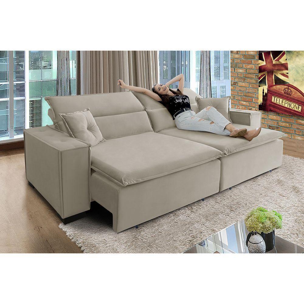 Sofá Londres 2.40m Retrátil E Reclinável Pillow Top - Bege - 5