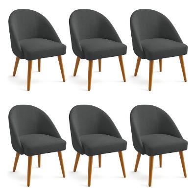 Kit 06 Cadeiras Poltrona De Jantar Estofada Luna Boucle Pés Palito Castanho - Pallazio Cor Grafite