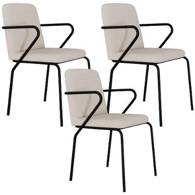 Kit 03 Cadeiras Estofada Para Sala De Jantar Com Braço Loft Preto C01 Linho Areia - Lyam Decor