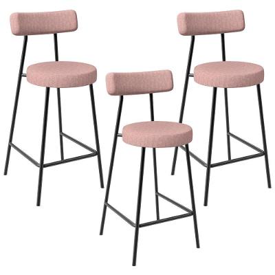 Kit 03 Banquetas Baixa Bar Cozinha Sala De Jantar Aço Milão L02 Linho Rosa - Lyam Decor