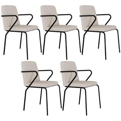 Kit 05 Cadeiras Estofada Para Sala De Jantar Com Braço Loft Preto C01 Linho Areia - Lyam Decor