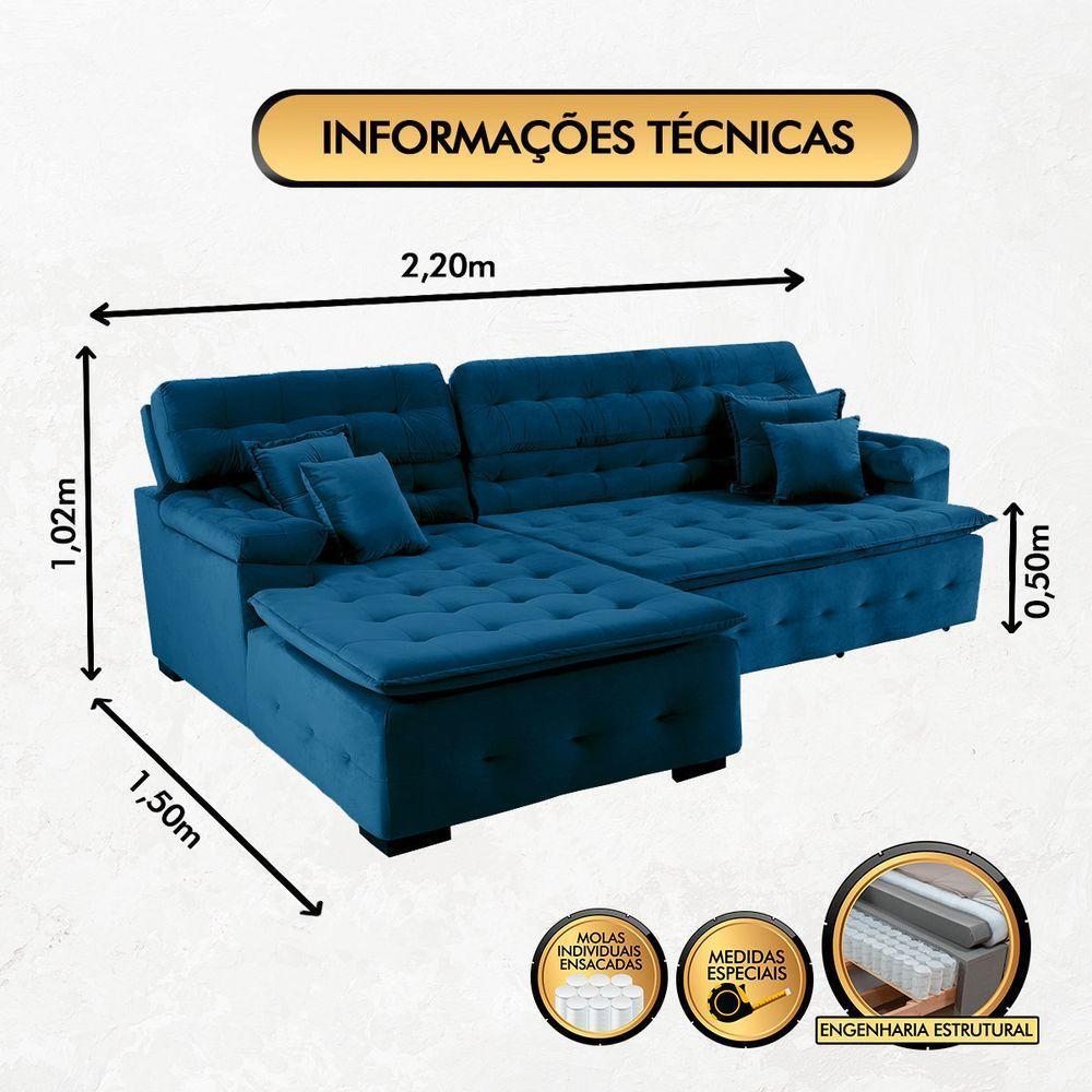 Sofá Orlando 2.20x1.50m Com Chaise, Retrátil E Reclinável - Azul - 7