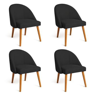 Kit 04 Cadeiras Poltrona De Jantar Luna Suede Preto Pés Palito Castanho - Pallazio