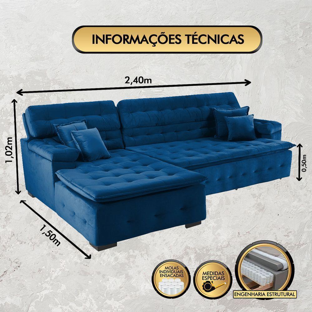 Sofá Orlando 2.40x1.50m Com Chaise, Retrátil E Reclinável - Azul - 5