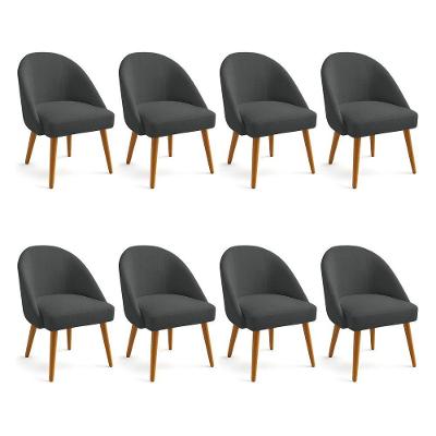 Kit 08 Cadeiras Poltrona De Jantar Estofada Luna Boucle Grafite Pés Palito Castanho - Pallazio