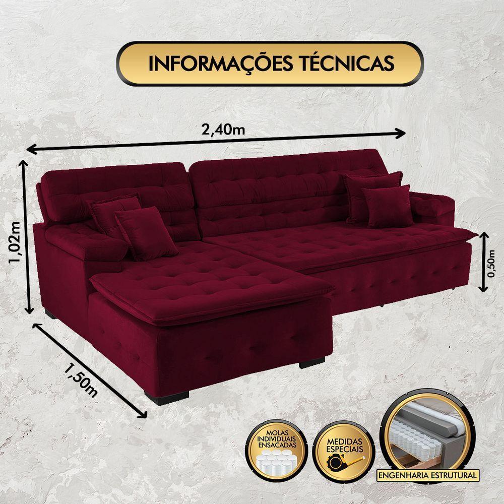 Sofá Orlando 2.40x1.50m Com Chaise, Retrátil E Reclinável - Vinho - 8