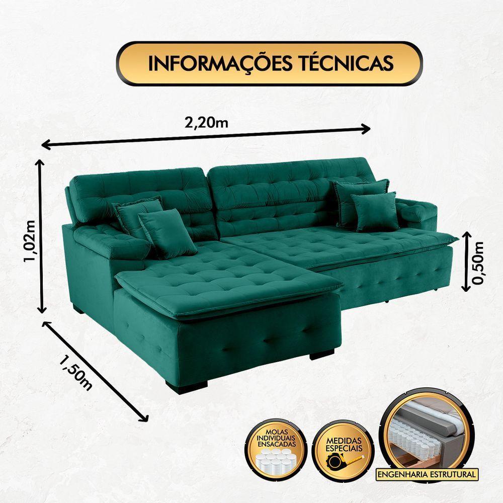 Sofá Orlando 2.20x1.50m Com Chaise, Retrátil E Reclinável - Verde - 7