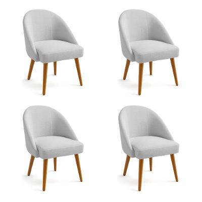 Kit 04 Cadeiras Poltrona De Jantar Estofada Luna Boucle Cinza Pés Palito Castanho - Pallazio