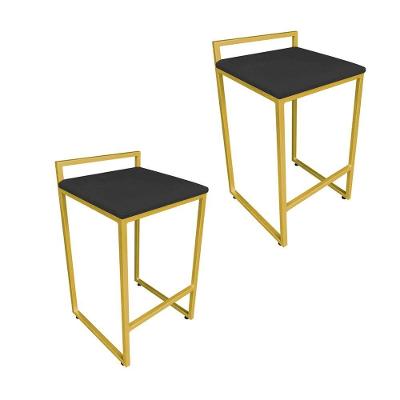 Conjunto 02 Banquetas Alta Lavinia Suede Preto Base Dourado Drossi