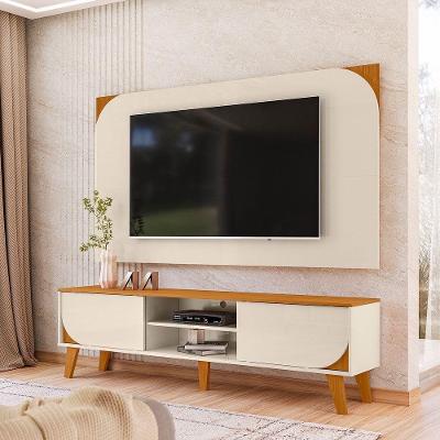 Kit Rack Bancada E Painel Duna 2 Portas Deslizantes Pés De Madeira - Pallazio Cor Cinamomo E Off White