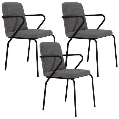 Kit 03 Cadeiras Estofada Para Sala De Jantar Com Braço Loft Preto C01 Linho Fendi Cinza - Lyam Decor