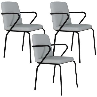 Kit 03 Cadeiras Estofada Para Sala De Jantar Com Braço Loft Preto C01 Courino Saturno Off White - Lyam Decor