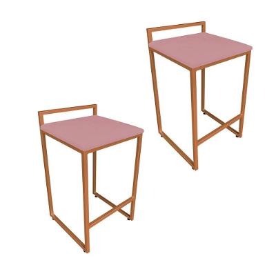 Conjunto 02 Banquetas Alta Lavinia Suede Rose Base Cobre Drossi