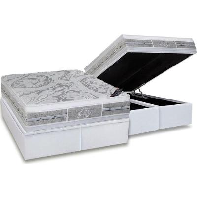 Cama Box Baú King: Colchão Molas Pocket Ensacadas Castor  Super Luxo Látex Plush + Base CRC Courano White(193x203)