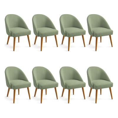 Kit 08 Cadeiras Poltrona De Jantar Estofada Luna Boucle Verde Pistache Pés Palito Castanho - Pallazio