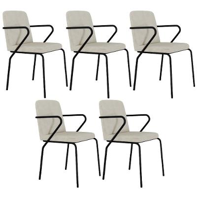 Kit 05 Cadeiras Estofada Para Sala De Jantar Com Braço Loft Preto C01 Bouclê Vanilla - Lyam Decor