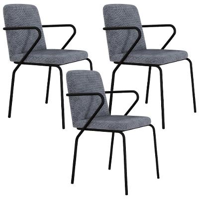 Kit 03 Cadeiras Estofada Para Sala De Jantar Com Braço Loft Preto C01 Linho Prata - Lyam Decor
