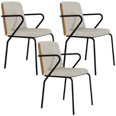 Kit 03 Cadeiras Estofada Para Sala De Jantar Com Braço Loft Preto C01 Bouclê Vanilla Courino Caramelo - Lyam Decor