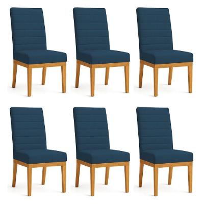 Kit 6 Cadeiras De Jantar Solana Suede Base De Madeira - Pallazio Cor Azul Marinho