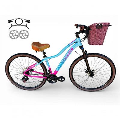 Bicicleta Aro 29 Feminina Absolute Hera Retrô Vintage 21v Hidráulica Confortável Cesta Selim 2 Molas - Azul/rosa Tam 17